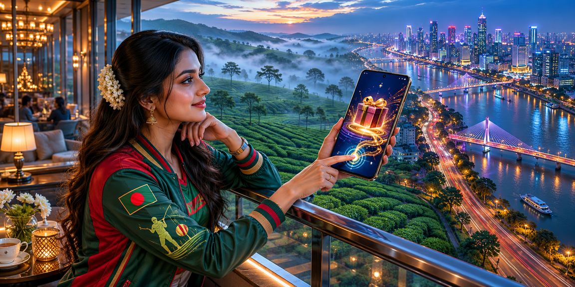 সিলেটের চা বাগানের পটভূমিতে ক্রিকেট বেটিং প্রোমো উপভোগ করছেন একজন ব্যবহারকারী